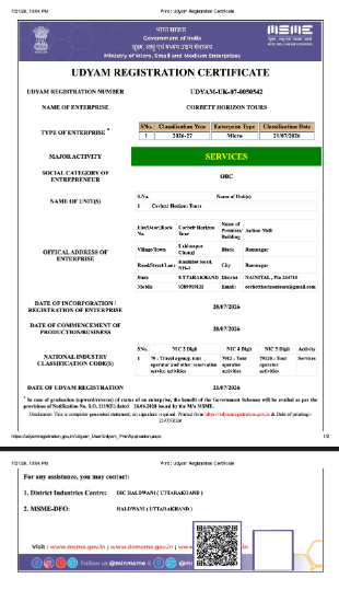 Udyam Registration Certificate - Corbett Horizon Tours