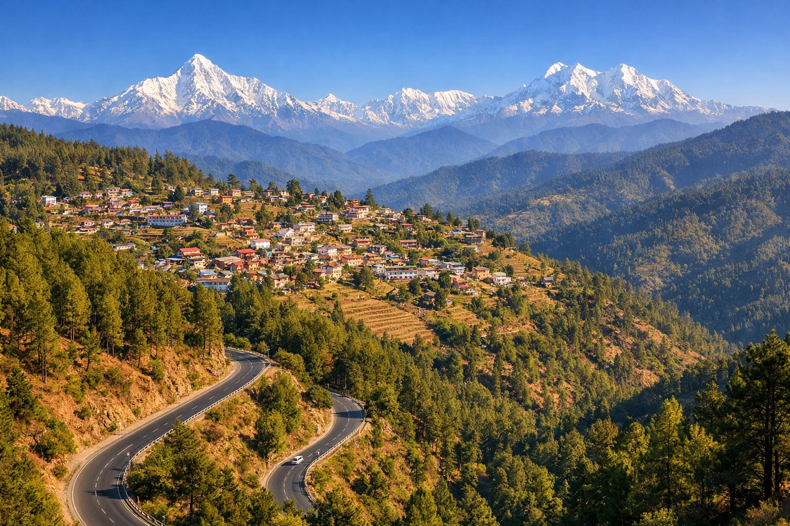 Snow-covered Himalayan peaks near Kausani